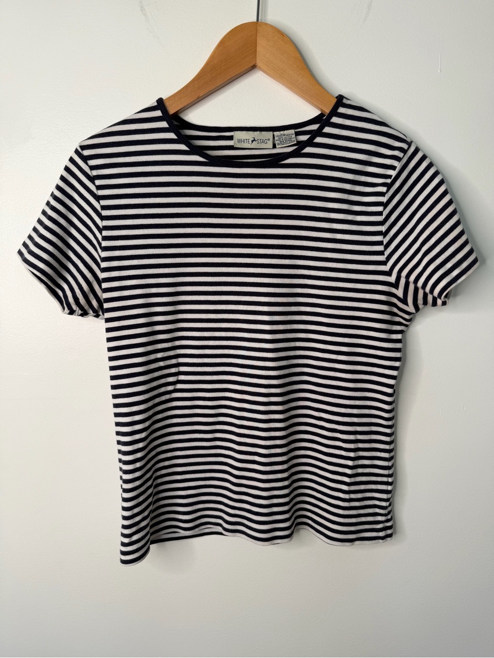 Vintage White Stag Womens M Navy White Striped Crew Neck Tee Short Sleeve Cotton